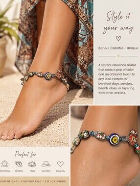 Vintage Cloisonné Beaded 9" Anklet Bracelet Multicolor Floral Lobster Clasp